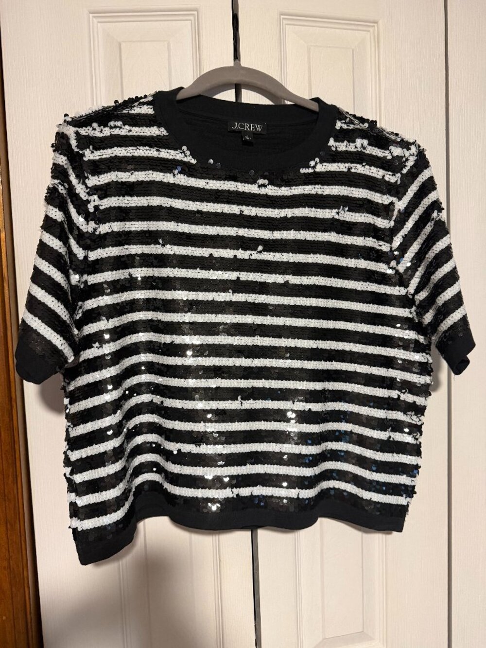 J.Crew Navy White Striped Sequin T Shirt Size L Short Sleeve Tee